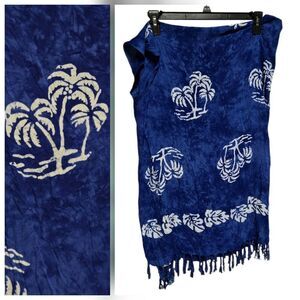 Blue Tie-Dye Palm Tree Sarong Swim Cover-Up Fringe Beach Wrap Pareo Cruise Vacay